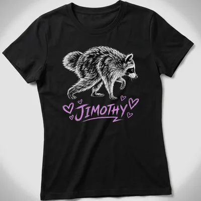Sketch-style t-shirt featuring a raccoon and the text Jimothy in black and purple — printed on a women's shirt