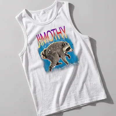 Vintage retro design featuring a quirky raccoon named Jimothy with colorful text — printed on a tank top