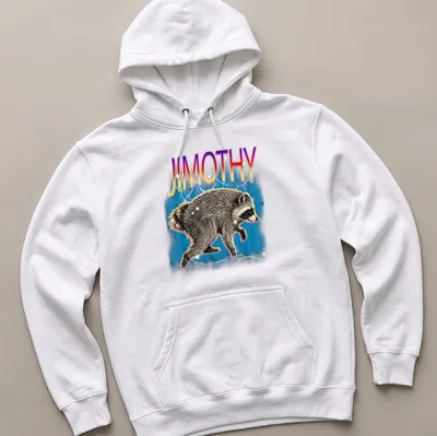 Vintage retro design featuring a quirky raccoon named Jimothy with colorful text — printed on a unisex hoodie