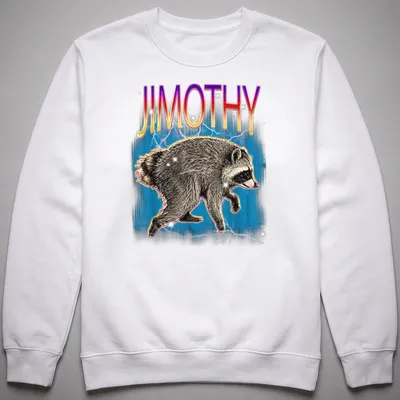 Vintage retro design featuring a quirky raccoon named Jimothy with colorful text — printed on a unisex sweatshirt