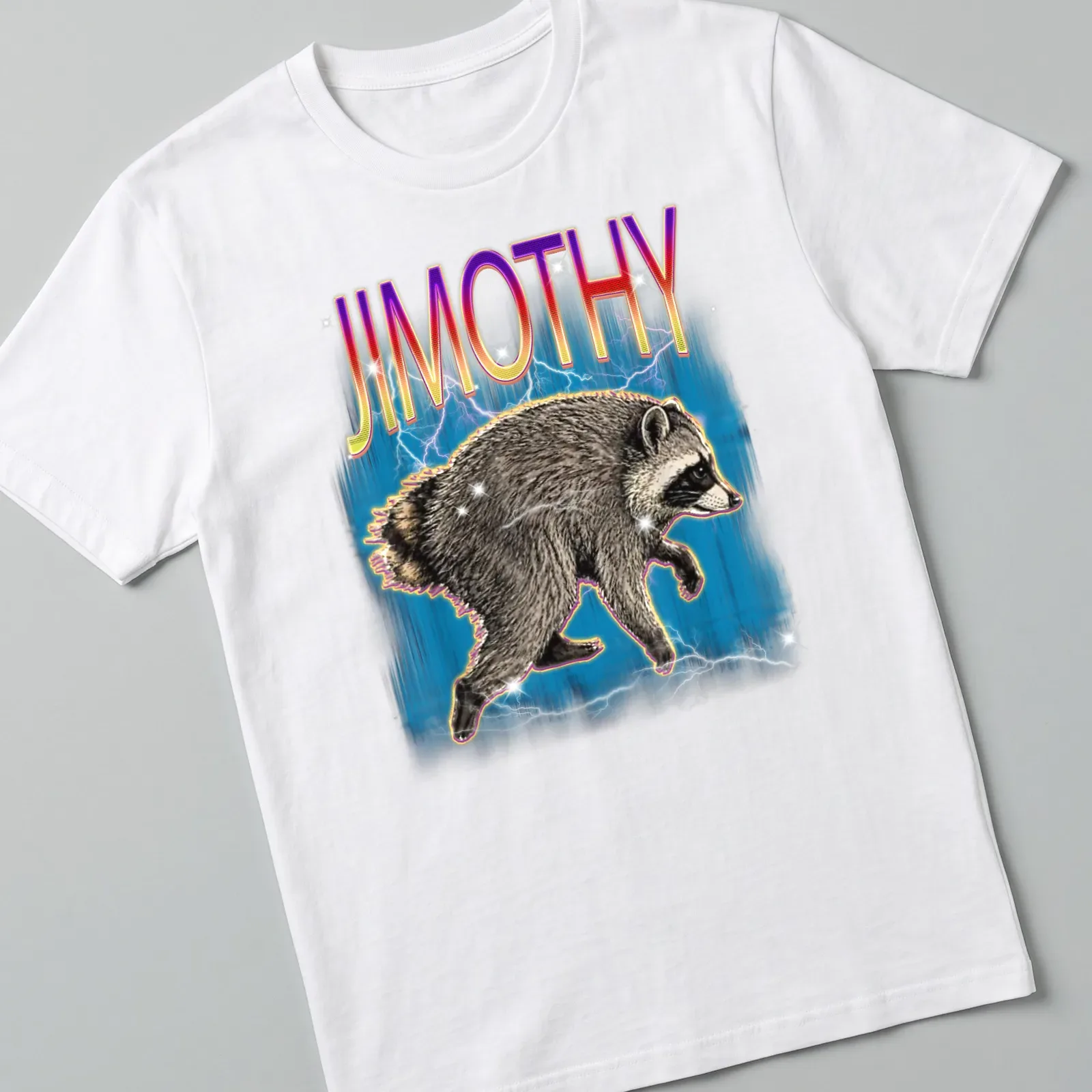 Vintage retro design featuring a quirky raccoon named Jimothy with colorful text — printed on a unisex t-shirt