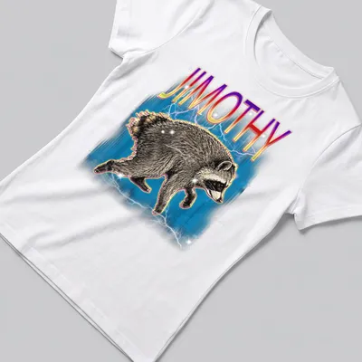 Vintage retro design featuring a quirky raccoon named Jimothy with colorful text — printed on a women's shirt