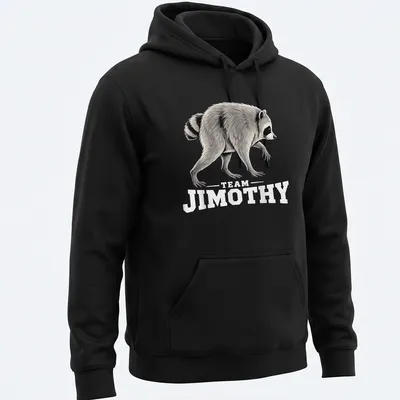 Illustration of a mischievous raccoon with the text 'TEAM JIMOTHY' beneath it. — printed on a unisex hoodie