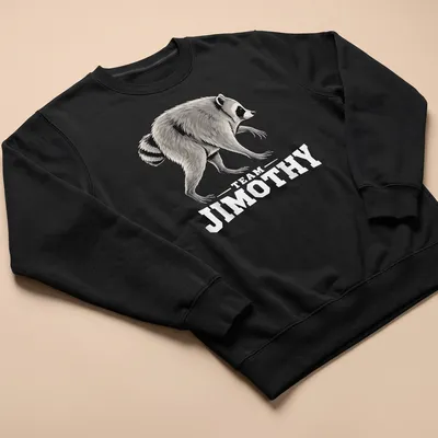 Illustration of a mischievous raccoon with the text 'TEAM JIMOTHY' beneath it. — printed on a unisex sweatshirt