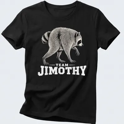 Illustration of a mischievous raccoon with the text 'TEAM JIMOTHY' beneath it. — printed on a women's shirt