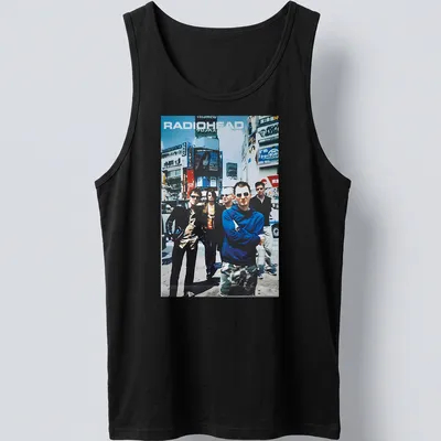 Vintage Radiohead band photo t-shirt in blue, black, white, and grey — printed on a tank top