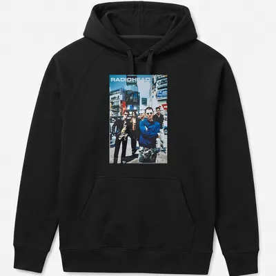 Vintage Radiohead band photo t-shirt in blue, black, white, and grey — printed on a unisex hoodie