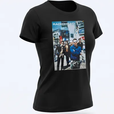 Vintage Radiohead band photo t-shirt in blue, black, white, and grey — printed on a women's shirt