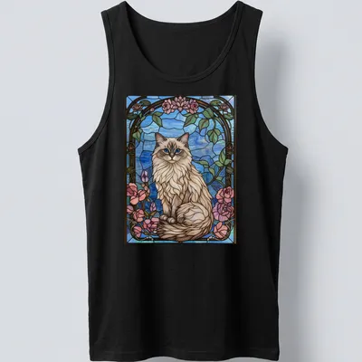 Stained glass mosaic of a Ragdoll cat with floral elements in blue, pink, and green — printed on a tank top