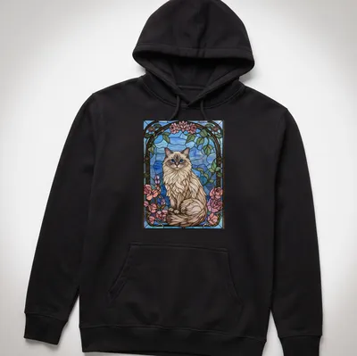 Stained glass mosaic of a Ragdoll cat with floral elements in blue, pink, and green — printed on a unisex hoodie