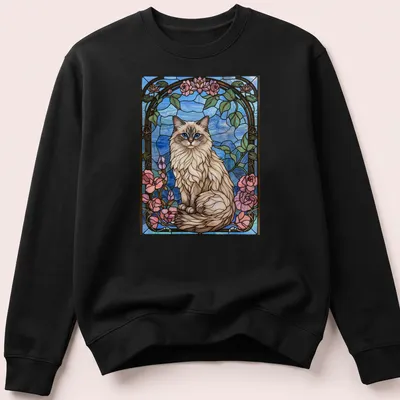 Stained glass mosaic of a Ragdoll cat with floral elements in blue, pink, and green — printed on a unisex sweatshirt