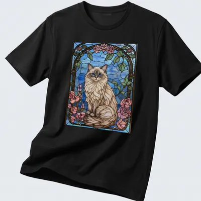 Stained glass mosaic of a Ragdoll cat with floral elements in blue, pink, and green