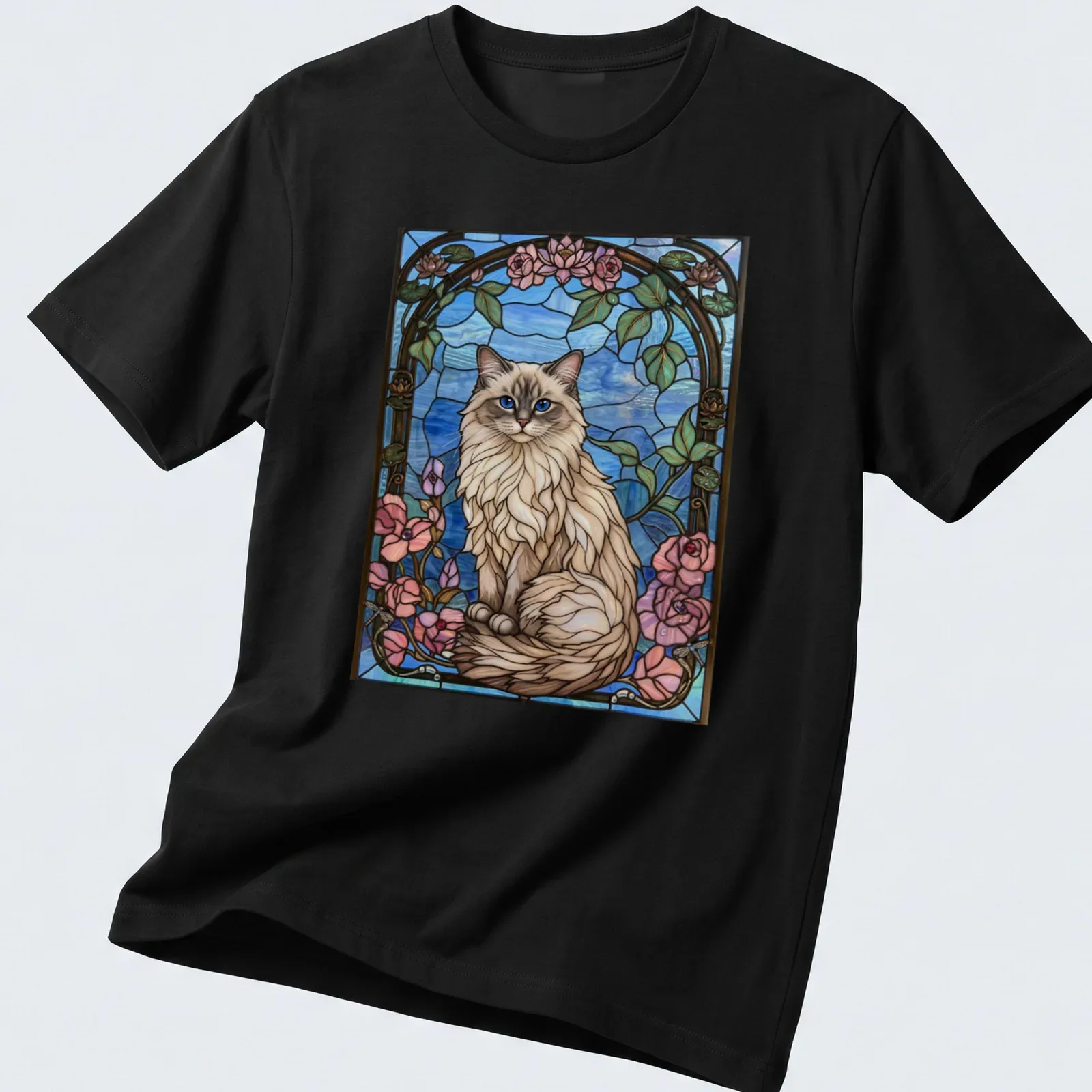 Stained glass mosaic of a Ragdoll cat with floral elements in blue, pink, and green — printed on a unisex t-shirt