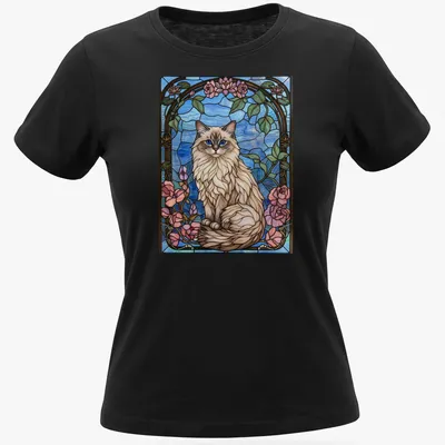 Stained glass mosaic of a Ragdoll cat with floral elements in blue, pink, and green — printed on a women's shirt