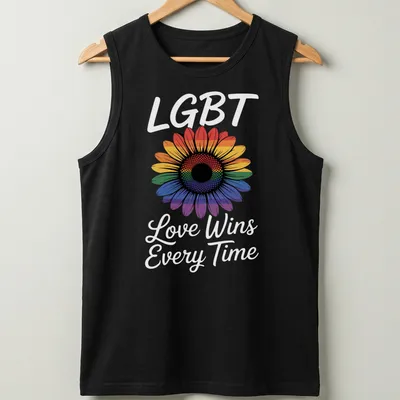 Colorful graphic of a rainbow flower with the phrase LGBT Love Wins Every Time — printed on a tank top