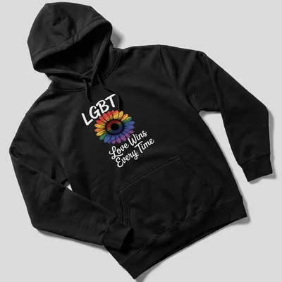 Colorful graphic of a rainbow flower with the phrase LGBT Love Wins Every Time — printed on a unisex hoodie