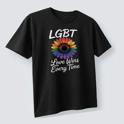 Colorful graphic of a rainbow flower with the phrase LGBT Love Wins Every Time — printed on a unisex t-shirt (angled view)