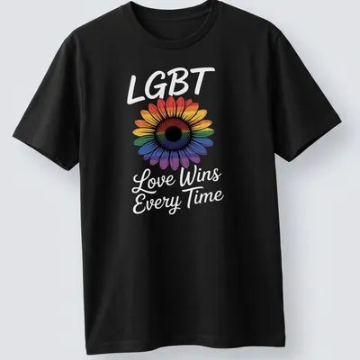 Colorful graphic of a rainbow flower with the phrase LGBT Love Wins Every Time