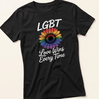Colorful graphic of a rainbow flower with the phrase LGBT Love Wins Every Time — printed on a women's shirt