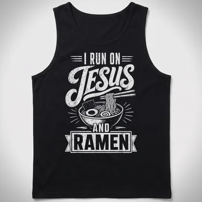 Retro distressed t-shirt featuring a ramen bowl and the text I RUN ON JESUS AND RAMEN — printed on a tank top