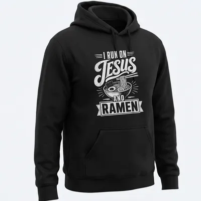 Retro distressed t-shirt featuring a ramen bowl and the text I RUN ON JESUS AND RAMEN — printed on a unisex hoodie