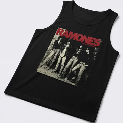 Vintage album cover print featuring Ramones band members with bold text — printed on a tank top
