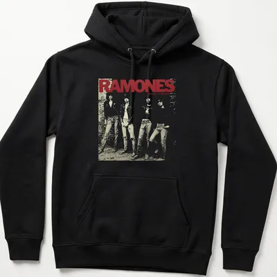 Vintage album cover print featuring Ramones band members with bold text — printed on a unisex hoodie