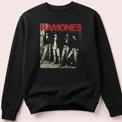 Vintage album cover print featuring Ramones band members with bold text — printed on a unisex sweatshirt