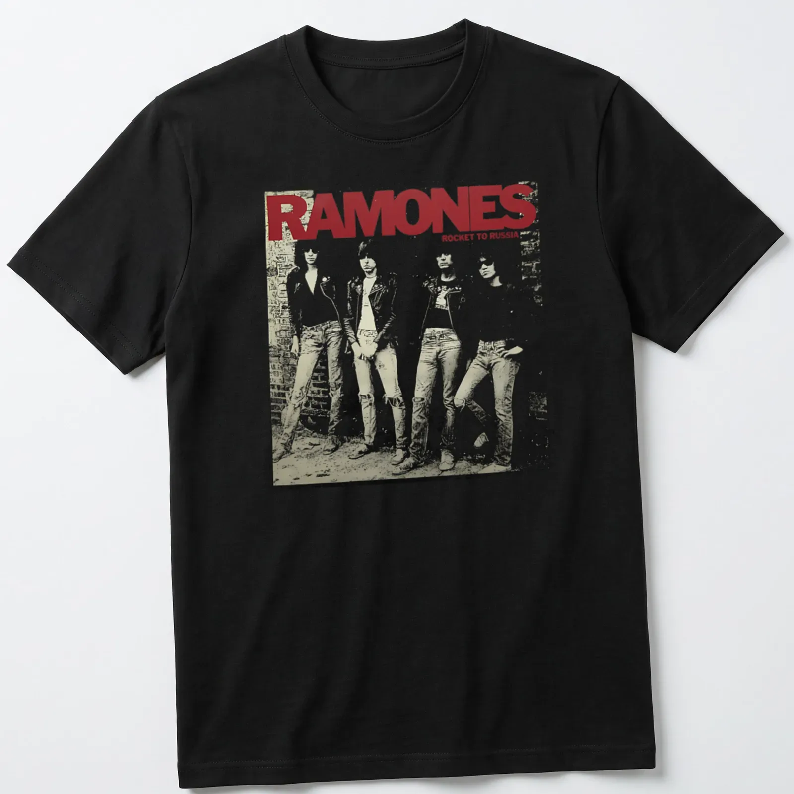Vintage album cover print featuring Ramones band members with bold text — printed on a unisex t-shirt
