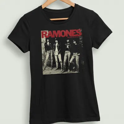 Vintage album cover print featuring Ramones band members with bold text — printed on a women's shirt