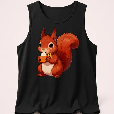 Cute red squirrel holding a candy corn acorn in kawaii style — printed on a tank top