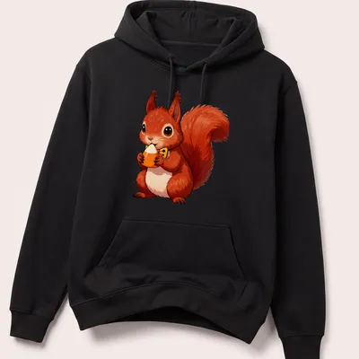 Cute red squirrel holding a candy corn acorn in kawaii style — printed on a unisex hoodie