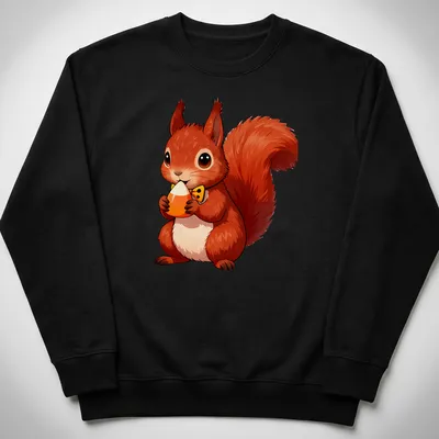 Cute red squirrel holding a candy corn acorn in kawaii style — printed on a unisex sweatshirt