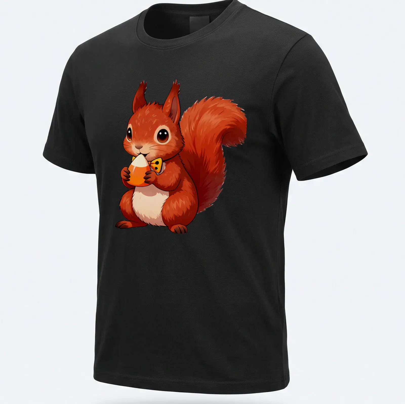 Cute red squirrel holding a candy corn acorn in kawaii style — printed on a unisex t-shirt