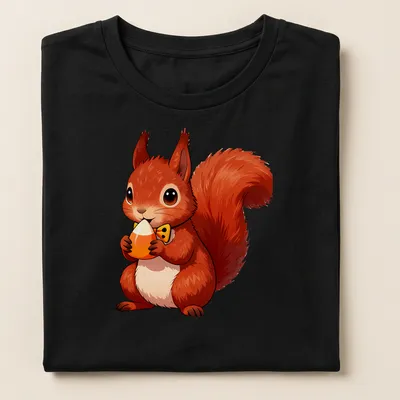 Cute red squirrel holding a candy corn acorn in kawaii style — printed on a women's shirt