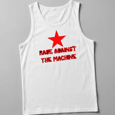 Bold distressed RAGE AGAINST THE MACHINE text with a red star design — printed on a tank top