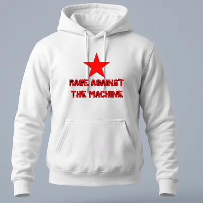Bold distressed RAGE AGAINST THE MACHINE text with a red star design — printed on a unisex hoodie