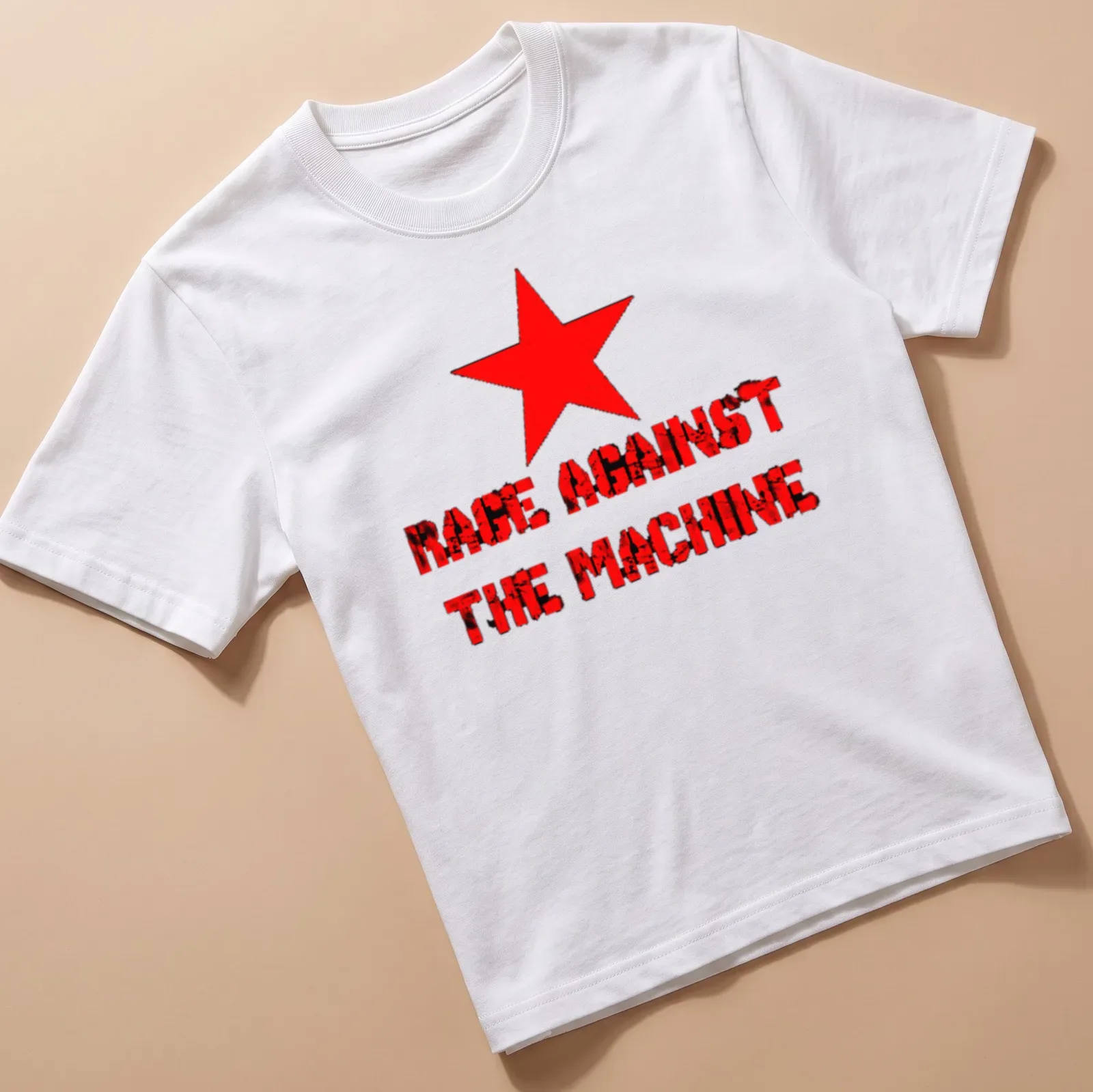Bold distressed RAGE AGAINST THE MACHINE text with a red star design — printed on a unisex t-shirt