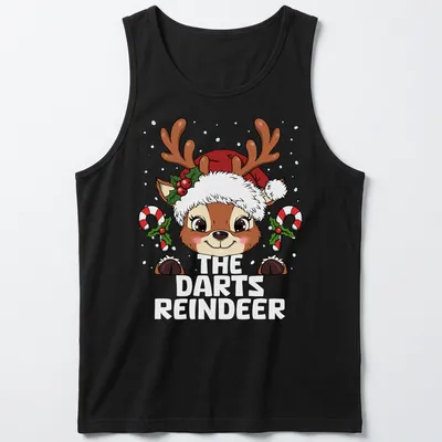 Kawaii cartoon reindeer in festive colors for Christmas-themed dart games — printed on a tank top