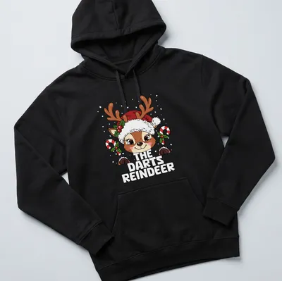 Kawaii cartoon reindeer in festive colors for Christmas-themed dart games — printed on a unisex hoodie