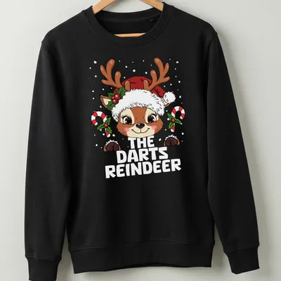 Kawaii cartoon reindeer in festive colors for Christmas-themed dart games — printed on a unisex sweatshirt