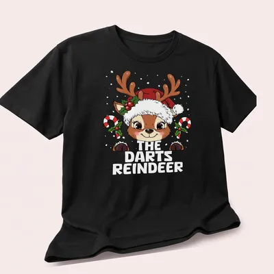 Kawaii cartoon reindeer in festive colors for Christmas-themed dart games — printed on a unisex t-shirt (angled view)