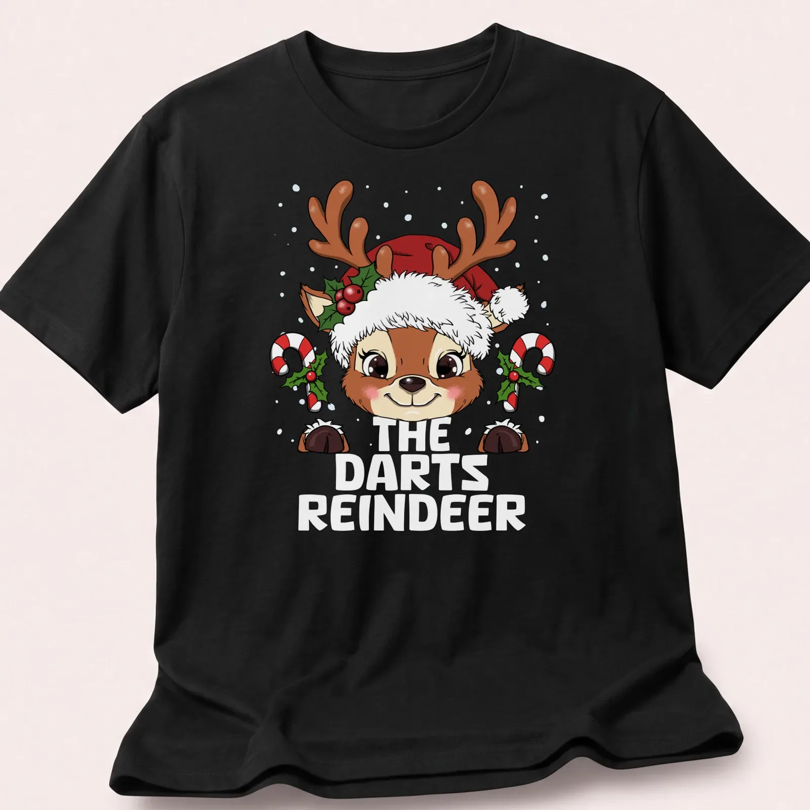 Kawaii cartoon reindeer in festive colors for Christmas-themed dart games — printed on a unisex t-shirt