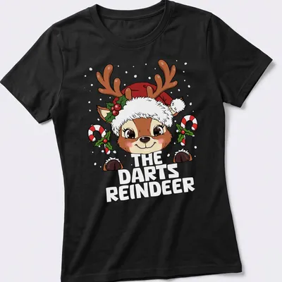 Kawaii cartoon reindeer in festive colors for Christmas-themed dart games — printed on a women's shirt