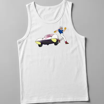 Cartoon racer illustration with vibrant colors and speed slogan — printed on a tank top