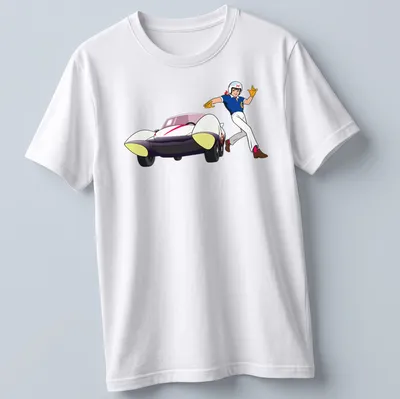 Cartoon racer illustration with vibrant colors and speed slogan