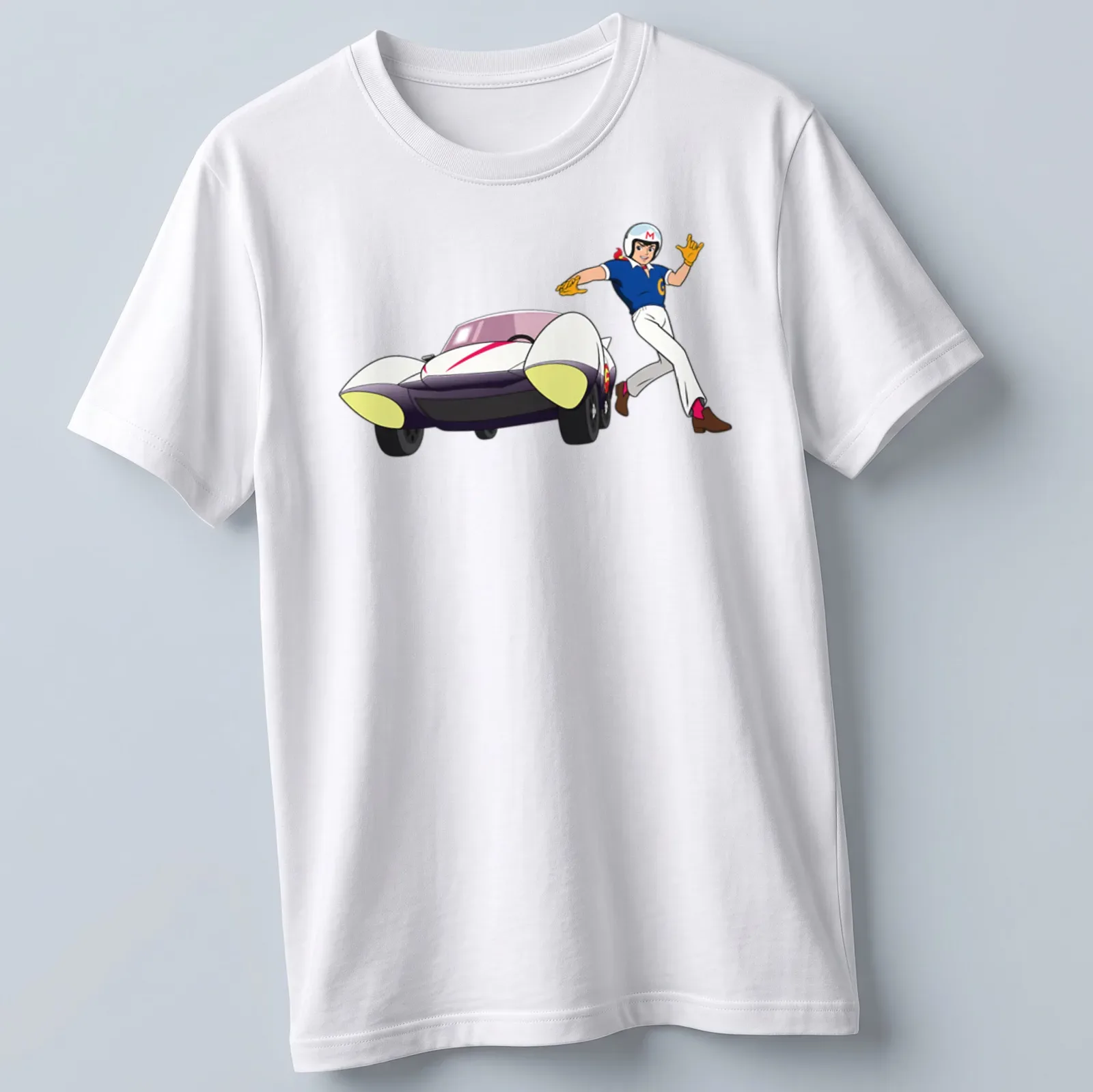 Cartoon racer illustration with vibrant colors and speed slogan — printed on a unisex t-shirt