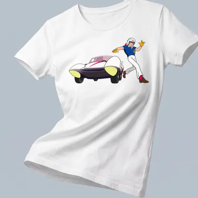 Cartoon racer illustration with vibrant colors and speed slogan — printed on a women's shirt