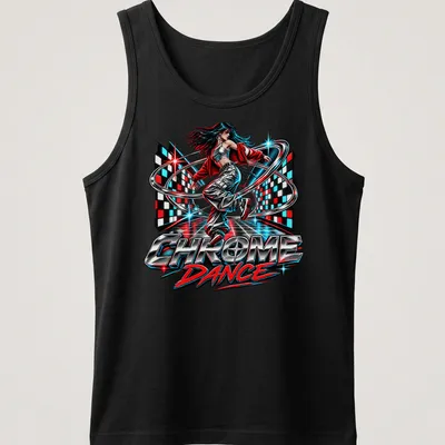 Retro pop art dancer design with bold Chrome Dance lettering in vibrant colors — printed on a tank top