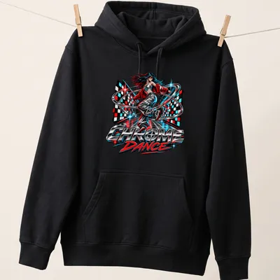 Retro pop art dancer design with bold Chrome Dance lettering in vibrant colors — printed on a unisex hoodie